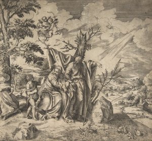 O resto da Sagrada Família em sua fuga para o Egito, 1531-76. de Giulio Bonasone