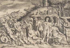 A história de Jasão e Medeia à esquerda ela carrega seu filho, no meio ela está ..., 1531-76. de Giulio Bonasone