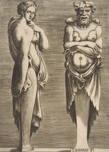 Dois Termos, uma Ninfa à esquerda Silvanus à direita, ca. 1530-50. de Giulio Bonasone
