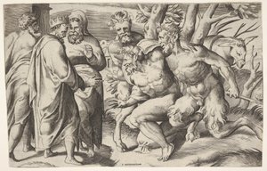 Dois sátiros levando Silenus ao rei Midas, que fica à esquerda com dois homens assistentes ..., ca. 1550-80. de Giulio Bonasone