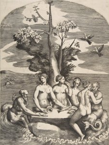Dois deuses do mar acompanhados por quatro ninfas, 1531-76. de Giulio Bonasone