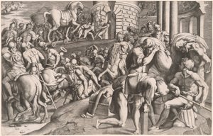 Os troianos transportando o cavalo de madeira para Tróia de Giulio Bonasone, after Francesco Primaticcio