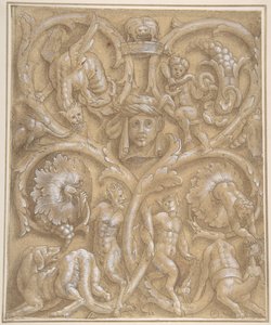 Design para um Painel Ornamental com Rinceaux, Satyrs, Putti, Monsters e uma Cabeça Humana, 1535-45. de Giulio Campi.