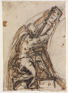 Homem sentado com mesa de escrita (?). Detalhe da arquitetura de Giulio Campi
