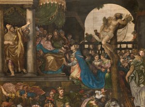 Muro oposto à contra-fachada do transepto sul, Giuseppe Campi, Triunfo de Mordecai 1567, Detalhe parte alta de Giulio Campi