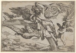 Air, representado por Iris reclinada em seu arco-íris, acompanhada por um putto alado bearin ..., 1640-60. de Giulio Carpioni