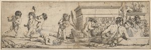 Bacanal com sátiros infantis e putti à esquerda, uma figura masculina nua reclinada na frente..., 1633-78. de Giulio Carpioni