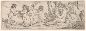 Bacanal com sátiro tocando alaúde e cercado por quatro figuras, que olham para um s..., 1640-60. de Giulio Carpioni