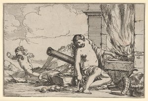 Fogo, representado por Vênus sentado diante da forja dos vulcanos, com armadura, canhão e canhão ..., 1640-60. de Giulio Carpioni