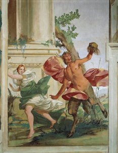 Ninfa Córsega perseguida por Satyr que arrancou sua peruca por Giulio Carpioni