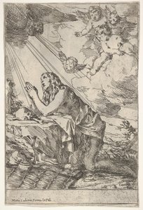 Penitente Magdalen ajoelhada em um terreno rochoso diante de uma caveira e ossos, uma pomada ..., ca. 1640-55. de Giulio Carpioni