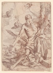 São Jerônimo ajoelhado ao lado de uma árvore com os braços estendidos, 1640-60. de Giulio Carpioni