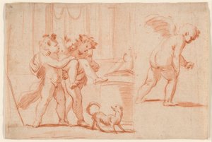 Dois Putti carregando um terceiro Putto; outro Putto da retaguarda de Giulio Carpioni