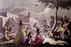 Antigos Perusianos (Incas) em frente a um eclipse lunar - em "The Old and Modern Costume" de Jules Ferrario