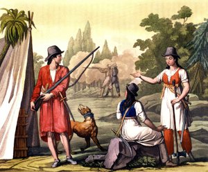 Bucaneiros e mulheres flibustier: o pirata Jack Rackham diz o Red ou John Rackham, mais conhecido como Calico Jack (? -1720) representado com Anne Bonny (Bonney) e Mary (Marc) Read nas Índias Ocidentais. Placa retirada de “” O traje antigo e moderno” de F