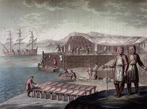 A pesca do bacalhau feita pelos habitantes da Terra Nova - in “” Le traje ancien et moderne”” de Ferrario, ed. Milão de Giulio Ferrario