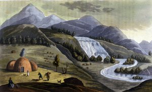 Paisagem da Lapónia (territórios pertencentes à Noruega, Suécia, Finlândia e Rússia), habitações dos indígenas (Sami) em "The old and modern costume" de Ferrario, ed. Milão