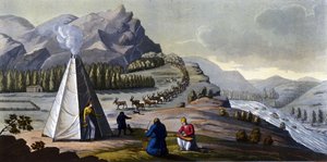 Paisagem Sami: indígenas que vivem nas terras dos países do norte (Noruega, Finlândia, Suécia e Rússia) fazendo cestas de vime, limpando os peixes perto de uma barraca. em “” O traje antigo e moderno” de Ferrario, ed. Milão