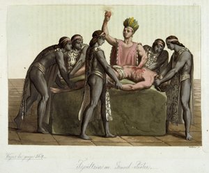 Topiltzin (sumo sacerdote das antigas civilizações mexicanas) fazendo um sacrifício humano - em “” O Traje Antigo e Moderno” de Jules Ferrario
