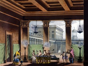 Lâmpadas a óleo acesas em Triclinium na Grécia antiga: cena do banquete - em The old and modern costume by Jules Ferrario, ed. Milão