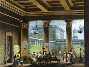 Triclinium iluminado com lamparinas a óleo na Grécia antiga: cena de banquete - em “”O traje antigo e moderno””” de Jules Ferrario, ed. Milão
