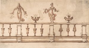 Desenho para balaustrada com figuras femininas e urnas, sécs. XVI-XVII.