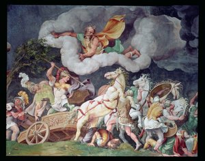 Aquiles arrastando o corpo de Hector em sua carruagem, detalhe do teto da Sala di Troia, c.1538 de Giulio Romano