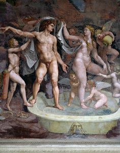 Banho de Marte e Vénus, fresco de Giulio Romano (1499-1546), parede norte da Câmara de Cupido e Psique, Palazzo Te, Mântua (Lista do Património Mundial da UNESCO, 2008), Lombardia, Itália de Giulio Romano