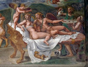 Cupido e Psique com sua filha Voluptas (Prazer) deitados na cama, detalhe da festa de casamento ou Banquete dos deuses, afresco de Giulio Romano (1499-1546), Palazzo Te, Mântua (UNESCO World Heritage List, 2008), Lombardia, Itália