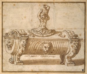 Design para uma caixa de carne doce (caneta e tinta castanha com lavagem em papel) de Giulio Romano