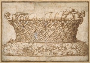 Design para o túmulo de uma criança (caneta e tinta marrom com lavagem marrom sobre papel) de Giulio Romano