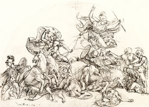 Diomedes, ferido por Pandarus, é consolado por Pallas Athene de Giulio Romano