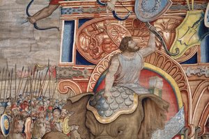tapeçaria flamenga. Série Os Atos de Cipião. A batalha em Zama. O cartunista Giulio Romano. Atelier de Balthasar van Vlierden (?), Bruxelas. 1523-1532. Detalhe. de Giulio Romano