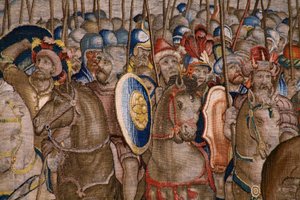 Tapeçaria flamenga. Série Os Actos de Cipião: A batalha em Zama. O cartoonista Giulio Romano. Atelier de Balthasar van Vlierden (?), Bruxelas. 1523-1532. Detalhe. de Giulio Romano