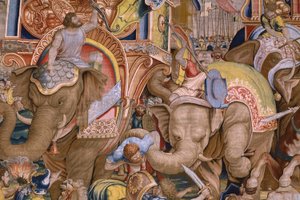 Tapeçaria flamenga. Série Os Actos de Cipião: A batalha em Zama. O cartoonista Giulio Romano. Atelier de Balthasar van Vlierden (?), Bruxelas. 1523-1532. Detalhe. de Giulio Romano