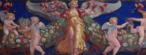 Friso da Câmera com Fregio di Amorini Frente do Friso de Cupido detalhe de um anjo em um vestido dourado com asas abertas, afresco de 1520 de Giulio Romano
