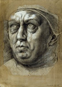 Cabeça do Papa Leão X (gizes a preto e branco sobre papel) de Giulio Romano