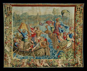 História de Cipião: Chegada a África, sexta peça de tapeçaria, lã e seda, tapeçaria ... de Giulio Romano