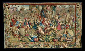 História de Cipião: a batalha de Zama, a derrota de Hanibal, décima peça da tapeçaria, lã e seda, tapeçaria ... de Giulio Romano