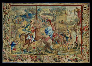 A História de Cipião: A batalha do planalto, quarta peça de tapeçaria, lã e seda, tapeçaria ... de Giulio Romano