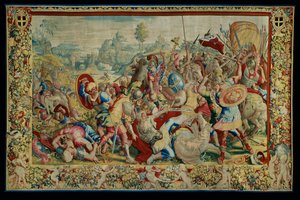 A História de Cipião: A Batalha de Ticino, primeira peça de tapeçaria, lã e seda, tapeçaria ... de Giulio Romano