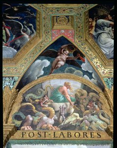 Lunette retratando Psique empreendendo uma provação definida por Vênus de recuperar do submundo uma jarra contendo a beleza de Proserpine, da Sala di Amore e Psiche, 1528 detalhe em afresco de 78427 de Giulio Romano