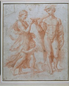Mercúrio oferece o Cup of Immortality to Psyche (giz vermelho sobre papel branco) de Giulio Romano