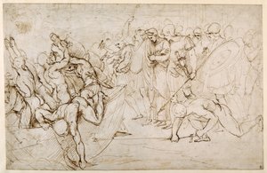 Neoptolomeu levando Andromache em cativeiro após a queda de Tróia (caneta e tinta marrom sobre papel branco) de Giulio Romano