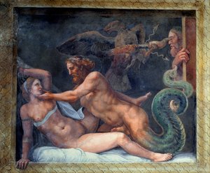 Olympia é seduzida por Júpiter, cujo raio é capturado por uma águia que perfura o olho do ciumento rei da Macedônia, da Sala di Amore e Psiche, 1528