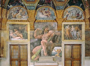 Olympia seduzida por Júpiter, Polifemo a guardar Acis e Galatea, Pasiphae a entrar na vaca construída pela Daedalus, a partir da Sala di Amore e Psiche de Giulio Romano