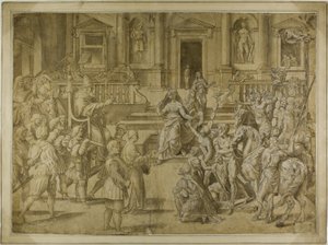 O Papa Silvestre abençoa o Imperador Constantino de Giulio Romano