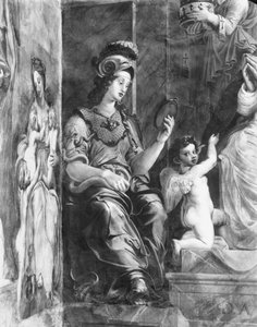 Prudence sentado ao lado do Papa Dâmaso I (c.304-384) Raphael Rooms (detalhe) (ver também 252795 e 252797) de Giulio Romano