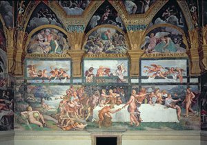 O Banquete Rústico celebrando o casamento de Cupido e Psique, com as três lunetas acima representando uma das provações de Psiquê para trazer de volta do Mundo Inferior uma jarra contendo a beleza de Proser de Giulio Romano