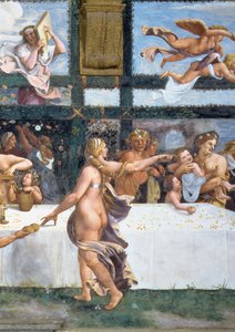 O Banquete Rústico celebrando o casamento de Cupido e Psique, com as três lunetas acima representando uma das provações de Psiquê para trazer de volta do Mundo Inferior uma jarra contendo a beleza de Proser de Giulio Romano